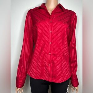 Covington Women Blouse Red Striped Long-Sleeve Stretch Button Up  Not Size